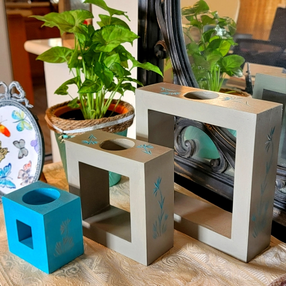 Rustic Gray & Blue Floral Wood Square Candle Holders